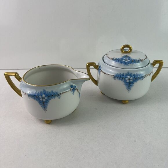 Vintage Epiag Czechoslovakia Footed Cream and Sugar Bowl Blue With Daisies - Picture 9 of 13